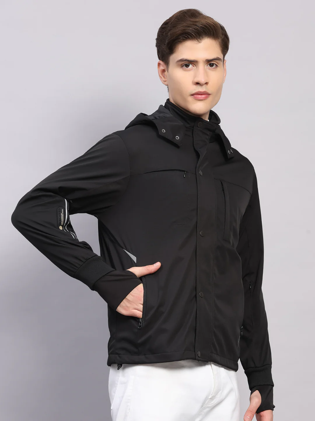 Men Black Solid Hooded Traveller Jacket With Night Visibility Reflective Strip - Image 4