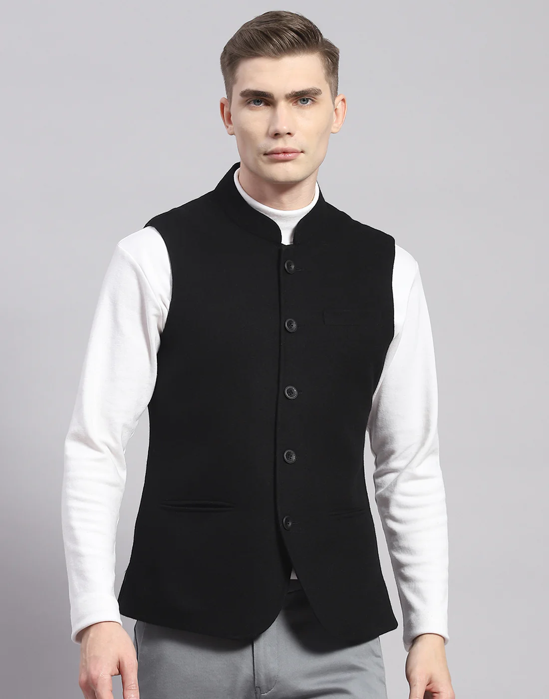 Men Black Solid Mandarin Collar Sleeveless Nehru Jacket - Image 2