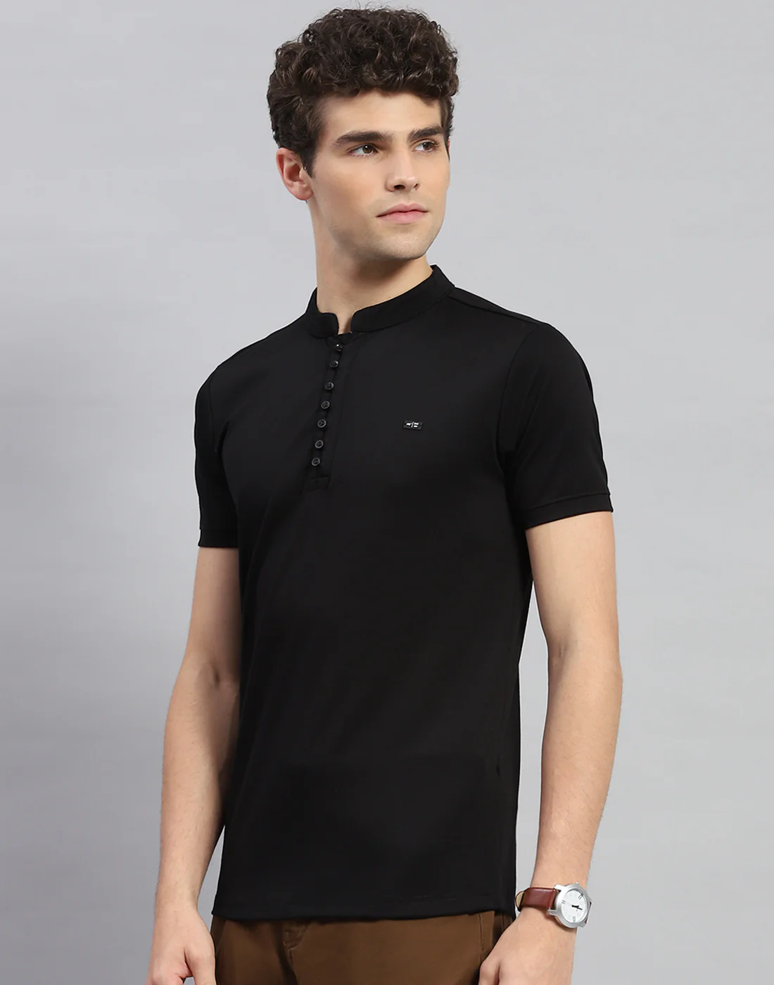 Men Black Solid  Mandarin Neck Half Sleeve T-Shirt - Image 3