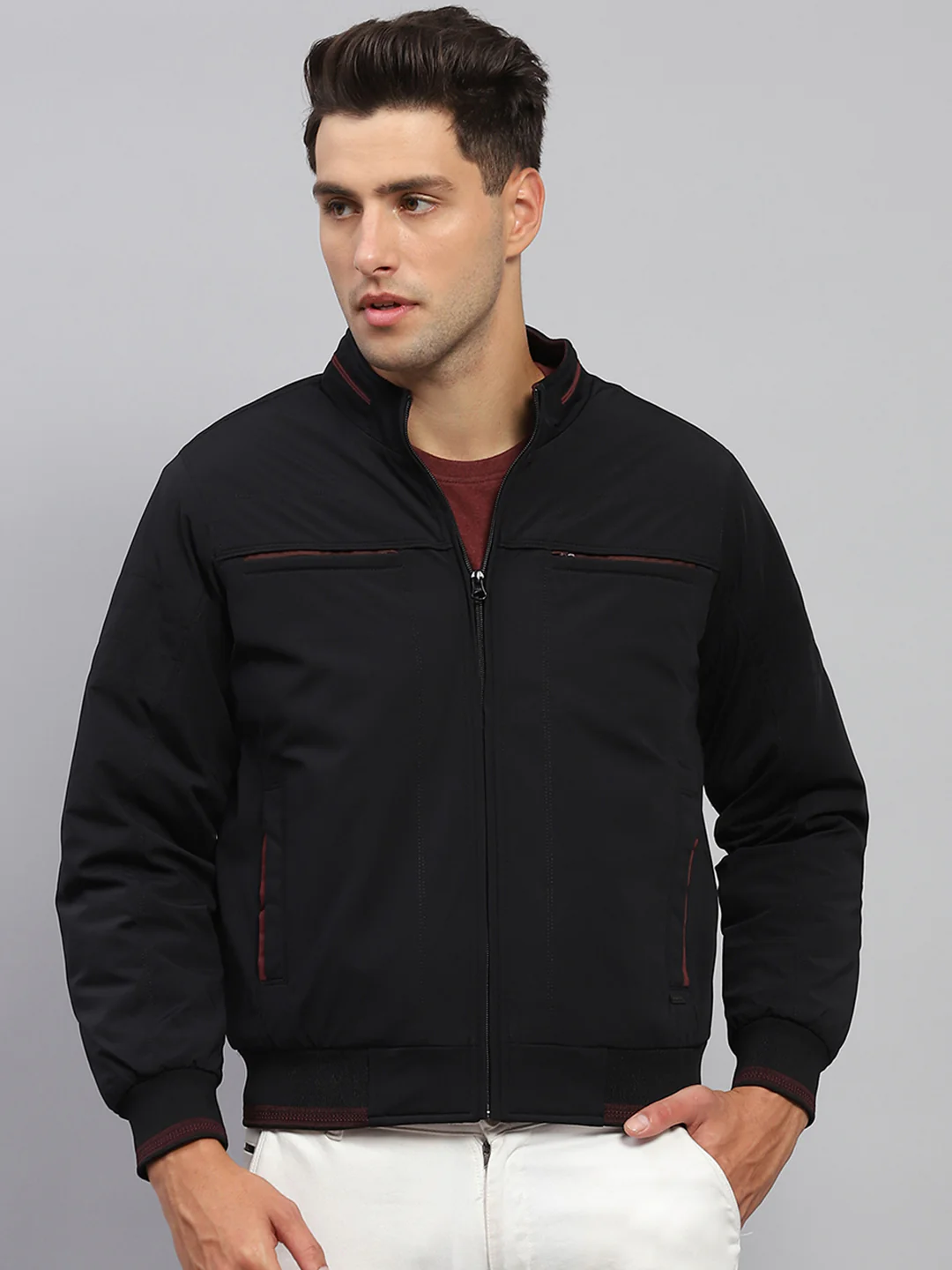 Men Black Solid Mock Neck Full Sleeve Jacket - Image 2