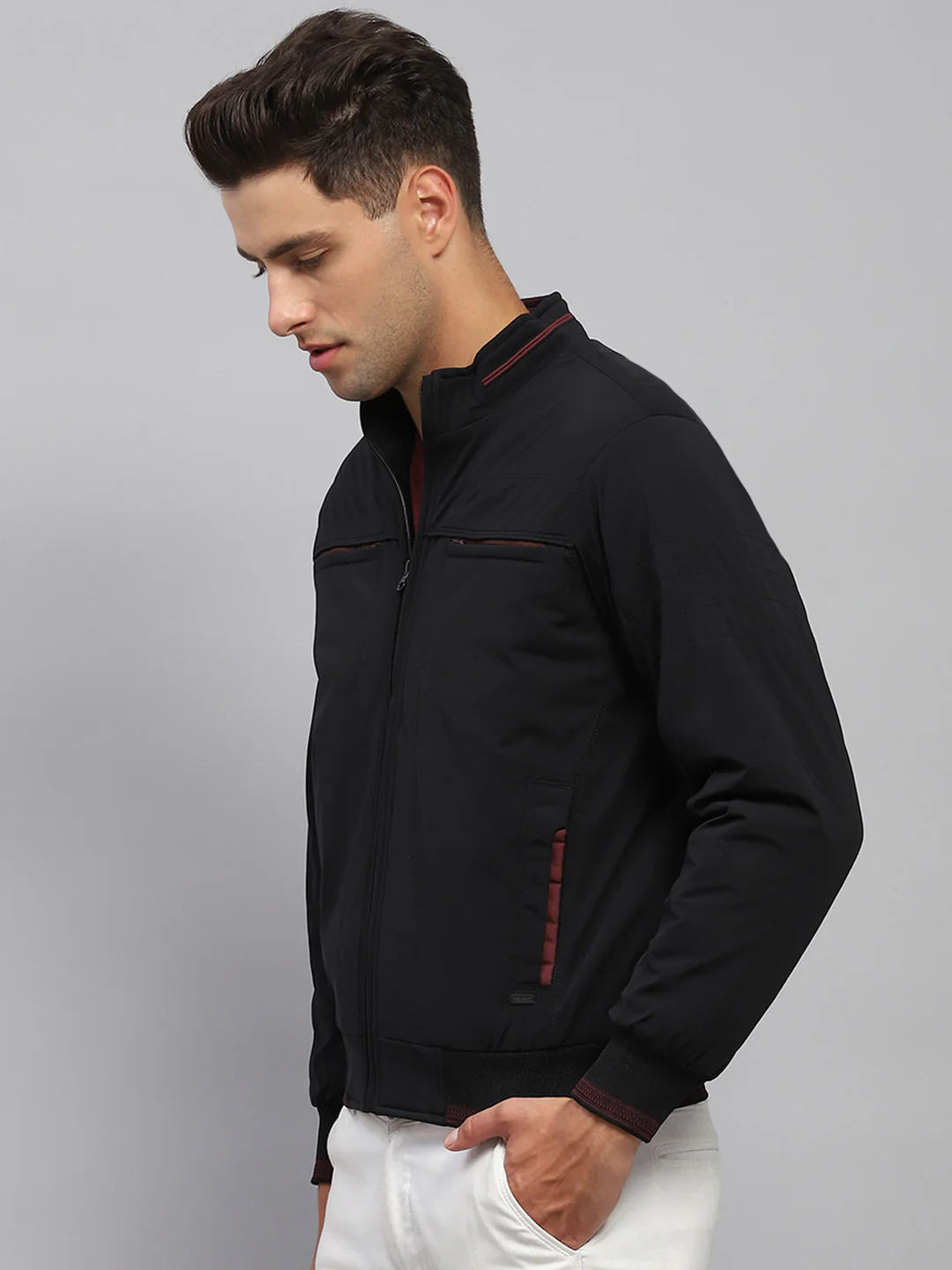 Men Black Solid Mock Neck Full Sleeve Jacket - Image 3