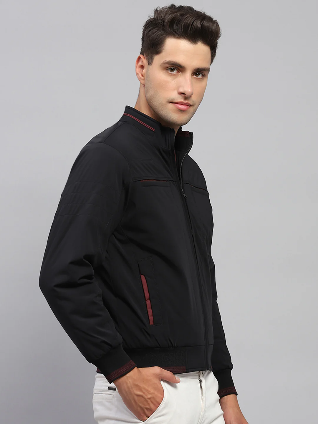 Men Black Solid Mock Neck Full Sleeve Jacket - Image 4