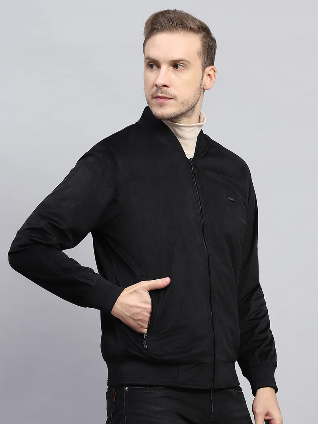 Men Black Solid Mock Neck Full Sleeve Jacket - Image 4