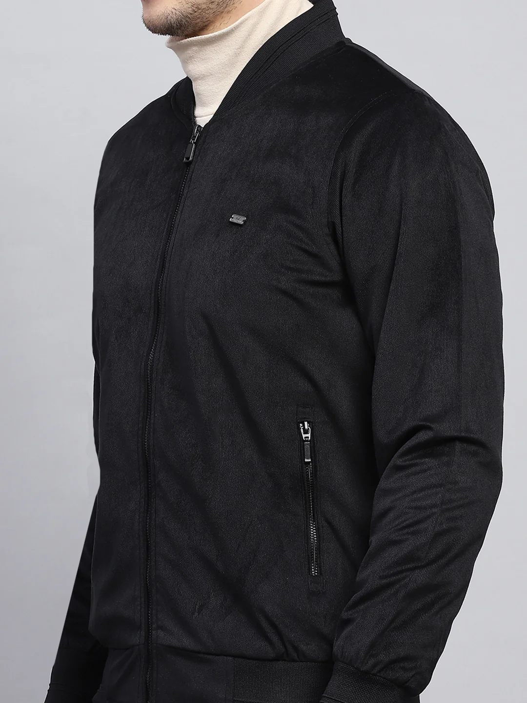 Men Black Solid Mock Neck Full Sleeve Jacket - Image 6