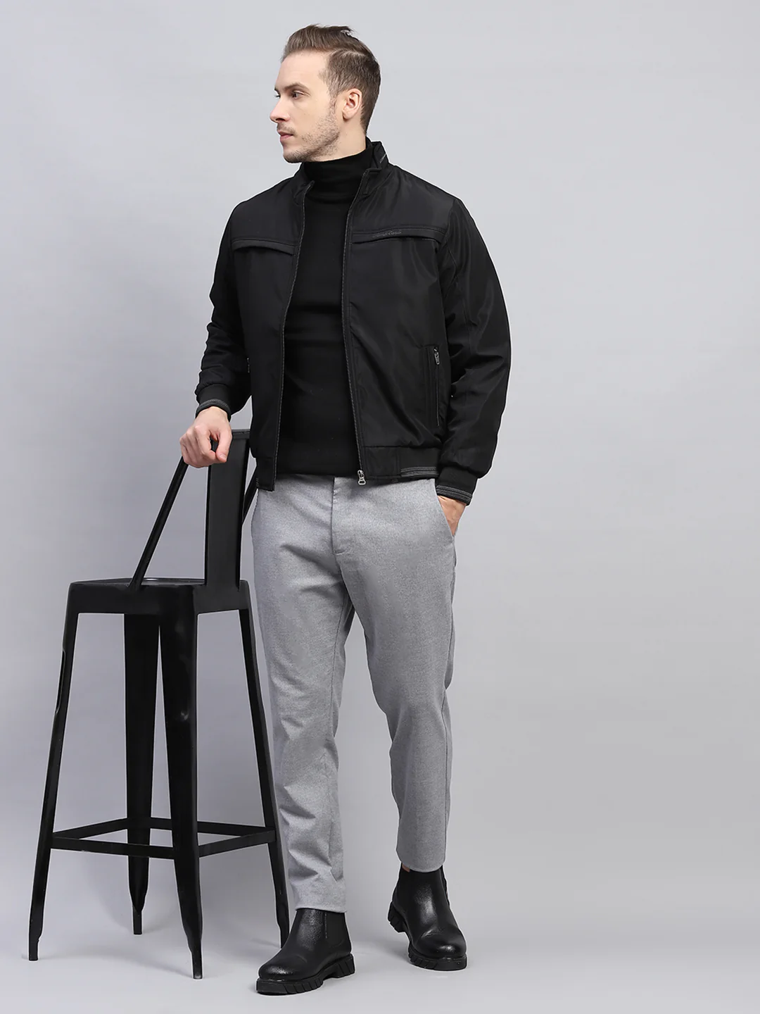 Men Black Solid Mock Neck Full Sleeve Jacket - Image 2