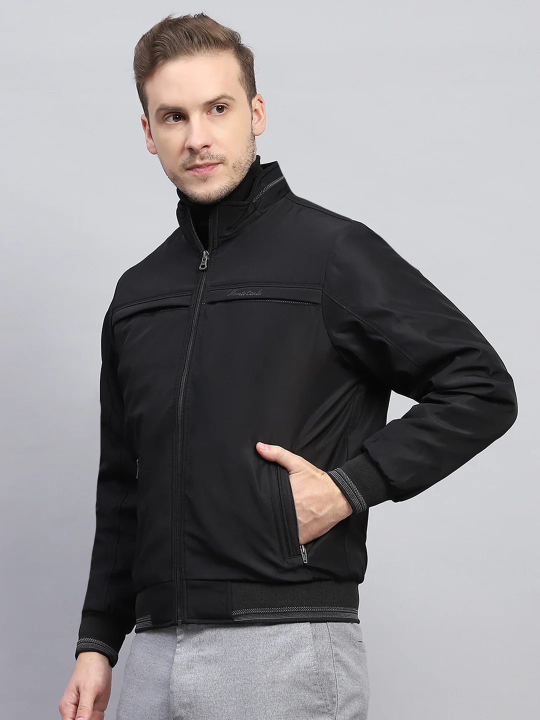 Men Black Solid Mock Neck Full Sleeve Jacket - Image 3