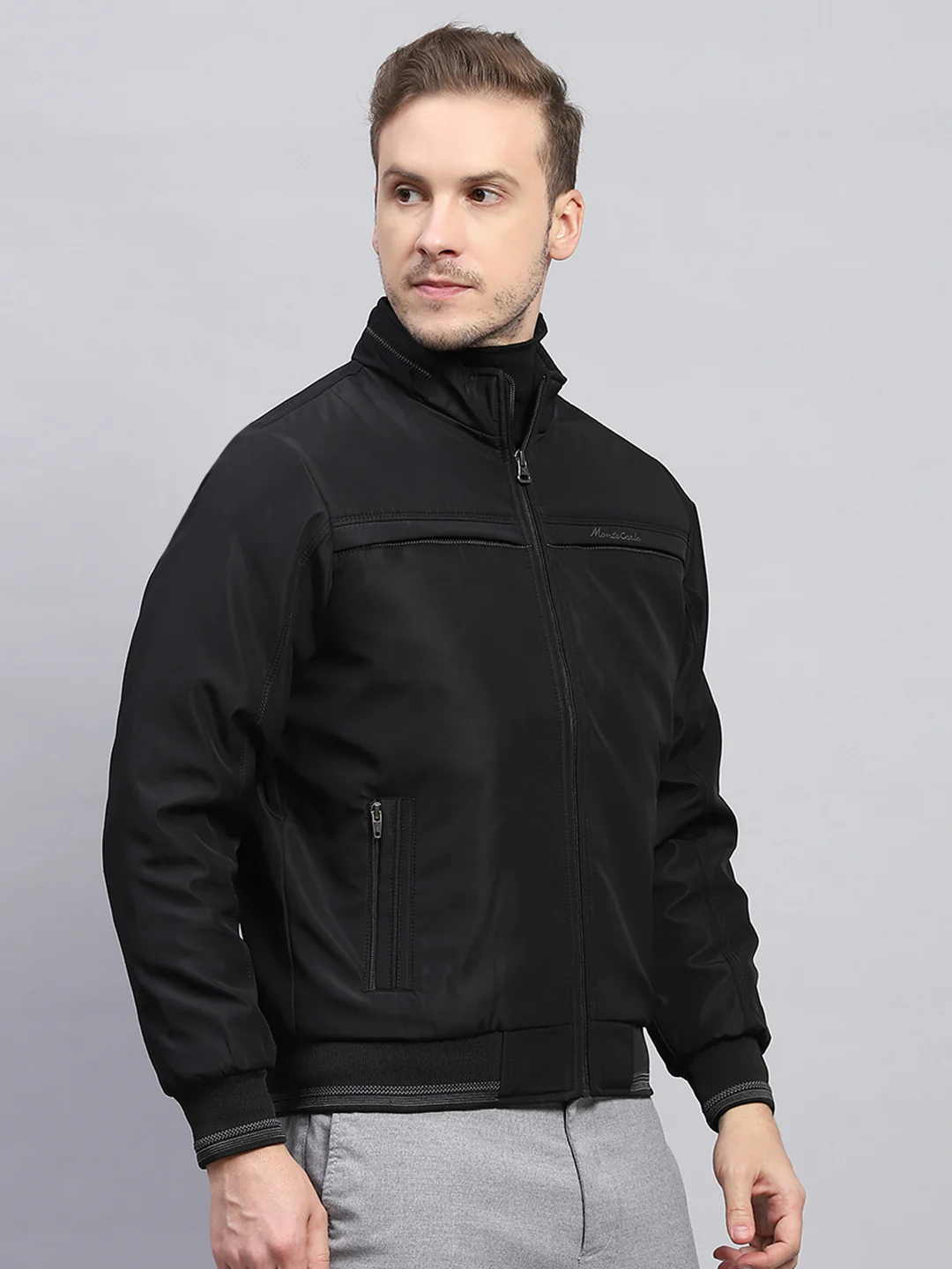 Men Black Solid Mock Neck Full Sleeve Jacket - Image 4
