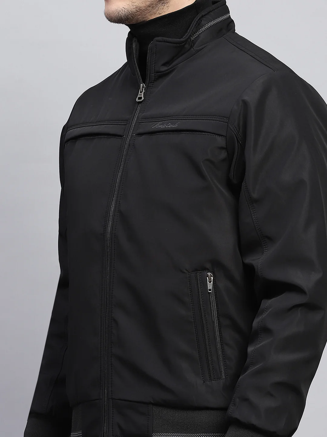 Men Black Solid Mock Neck Full Sleeve Jacket - Image 6
