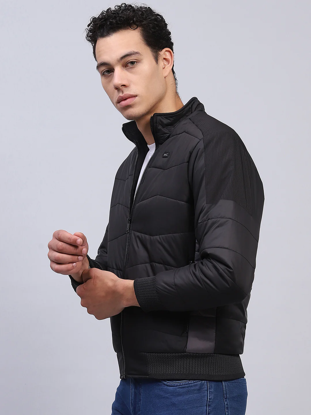 Men Black Solid Mock Neck Full Sleeve Jacket - Image 3