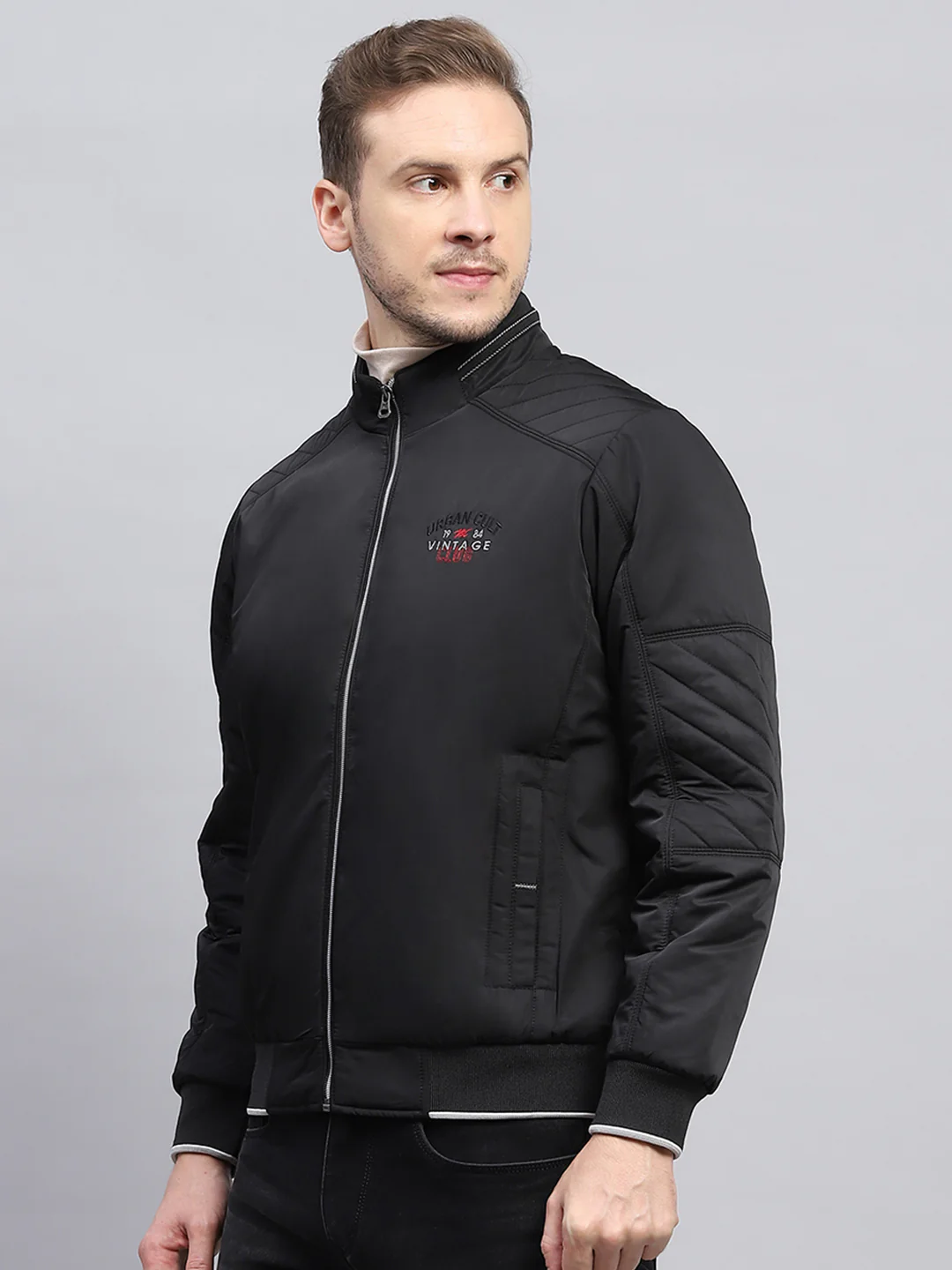 Men Black Solid Mock Neck Full Sleeve Jacket - Image 3