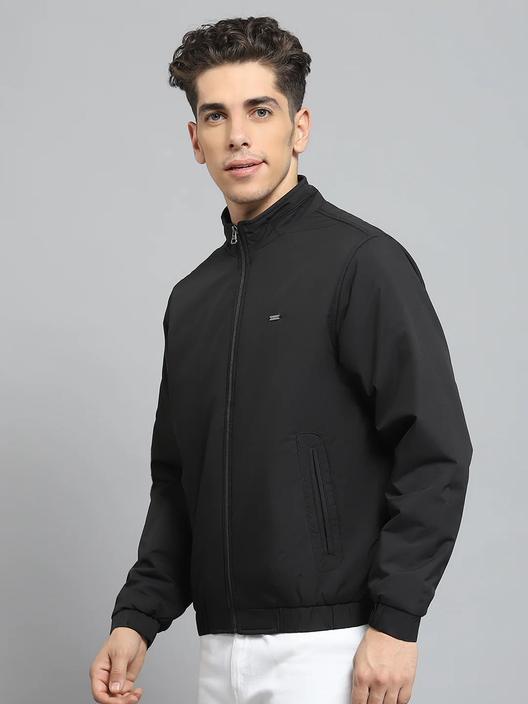 Men Black Solid Mock Neck Full Sleeve Jacket - Image 3