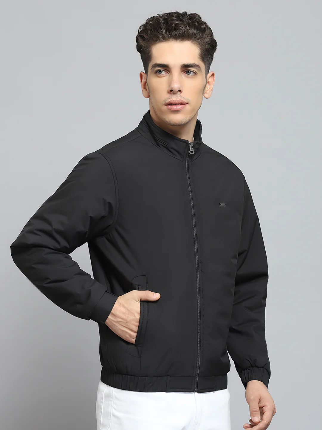 Men Black Solid Mock Neck Full Sleeve Jacket - Image 4