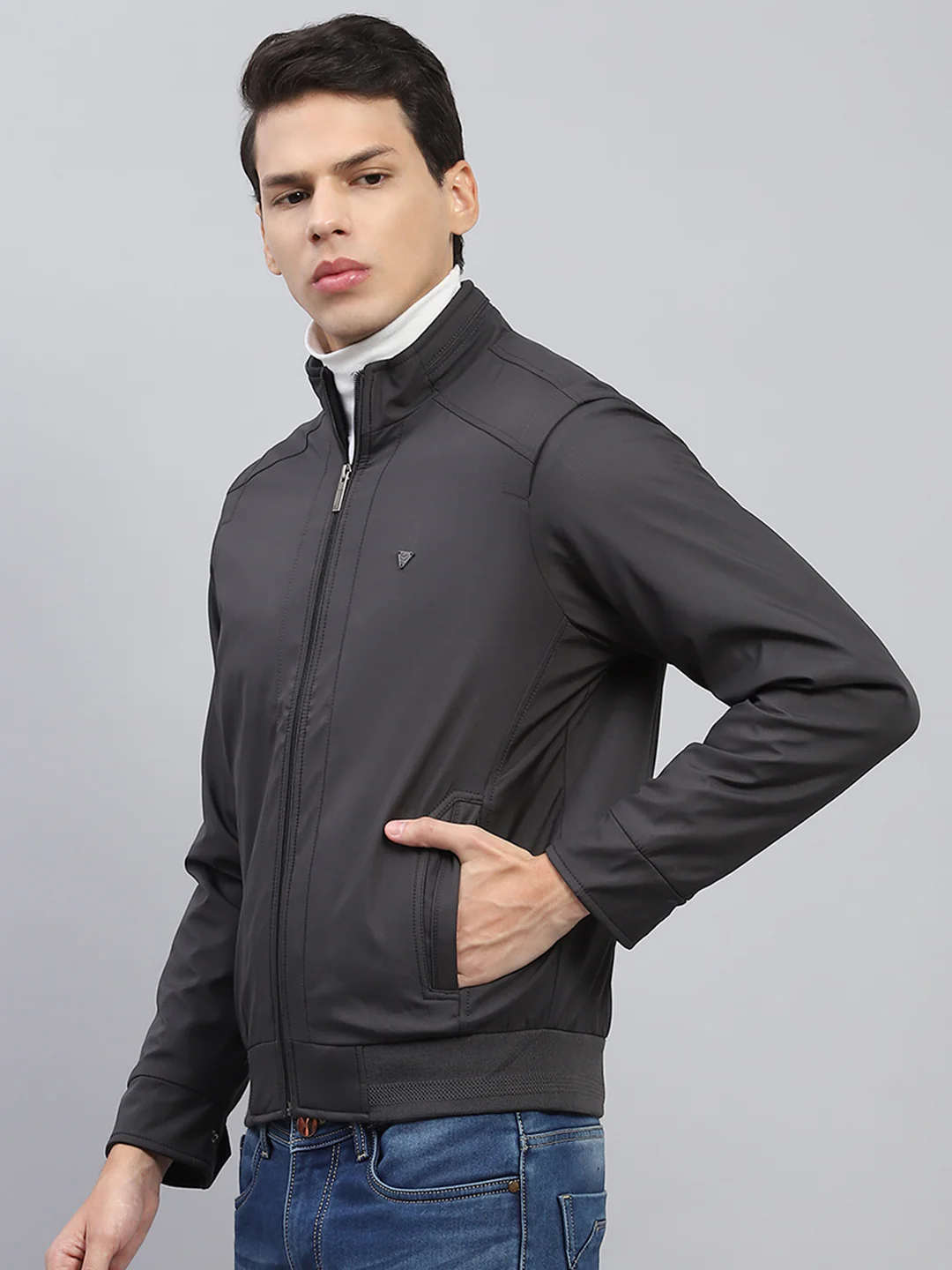 Men Black Solid Mock Neck Full Sleeve Jacket - Image 3