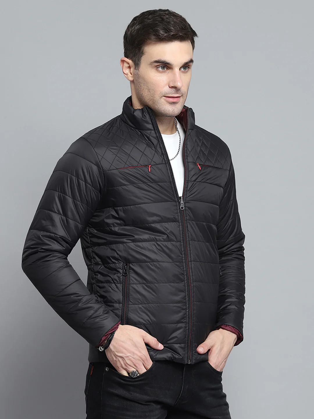 Men Black Solid Mock Neck Full Sleeve Jacket - Image 8