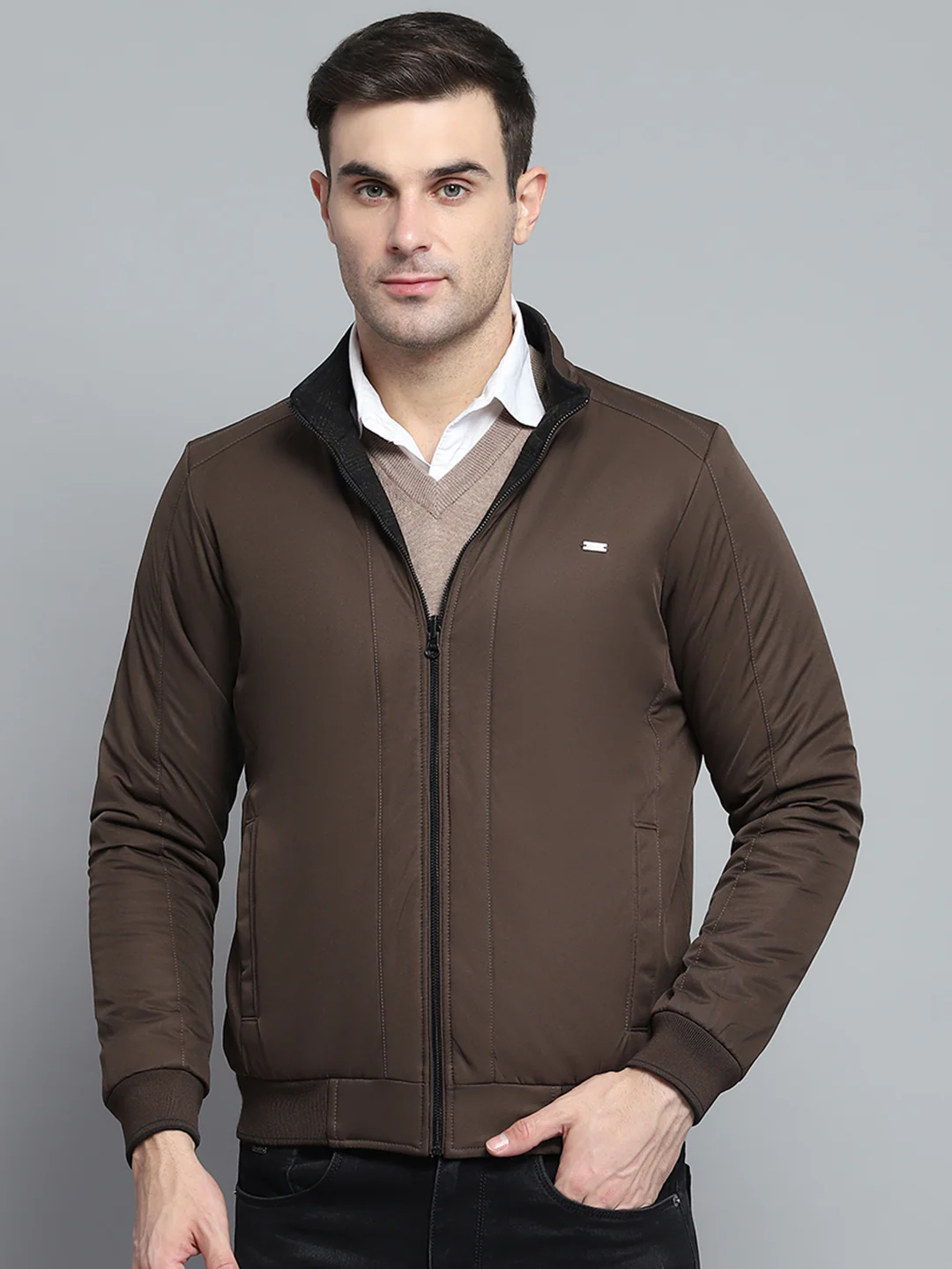 Men Black Solid Mock Neck Full Sleeve Jacket - Image 3