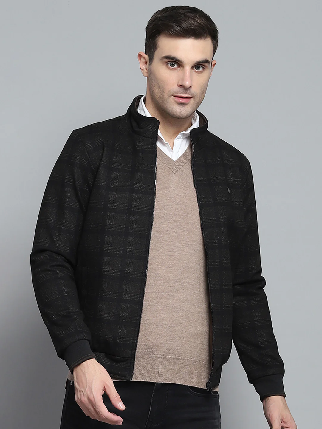 Men Black Solid Mock Neck Full Sleeve Jacket - Image 9
