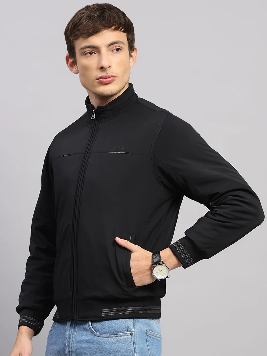 Men Black Solid Mock Neck Full Sleeve Jacket - Image 3