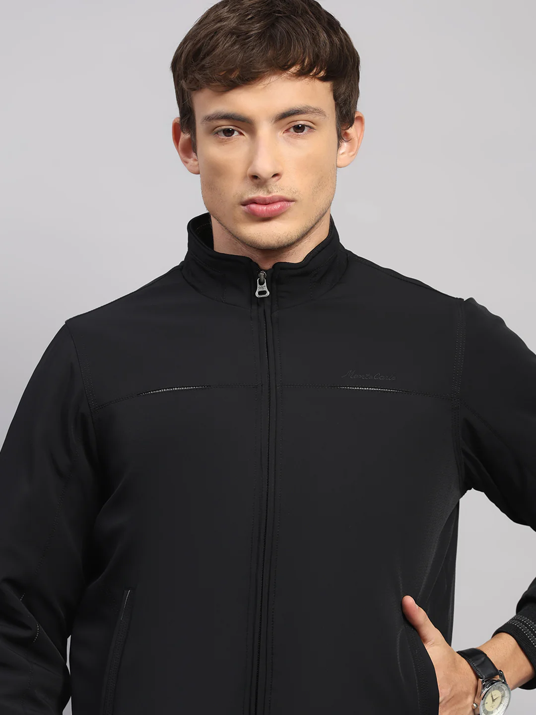 Men Black Solid Mock Neck Full Sleeve Jacket - Image 6