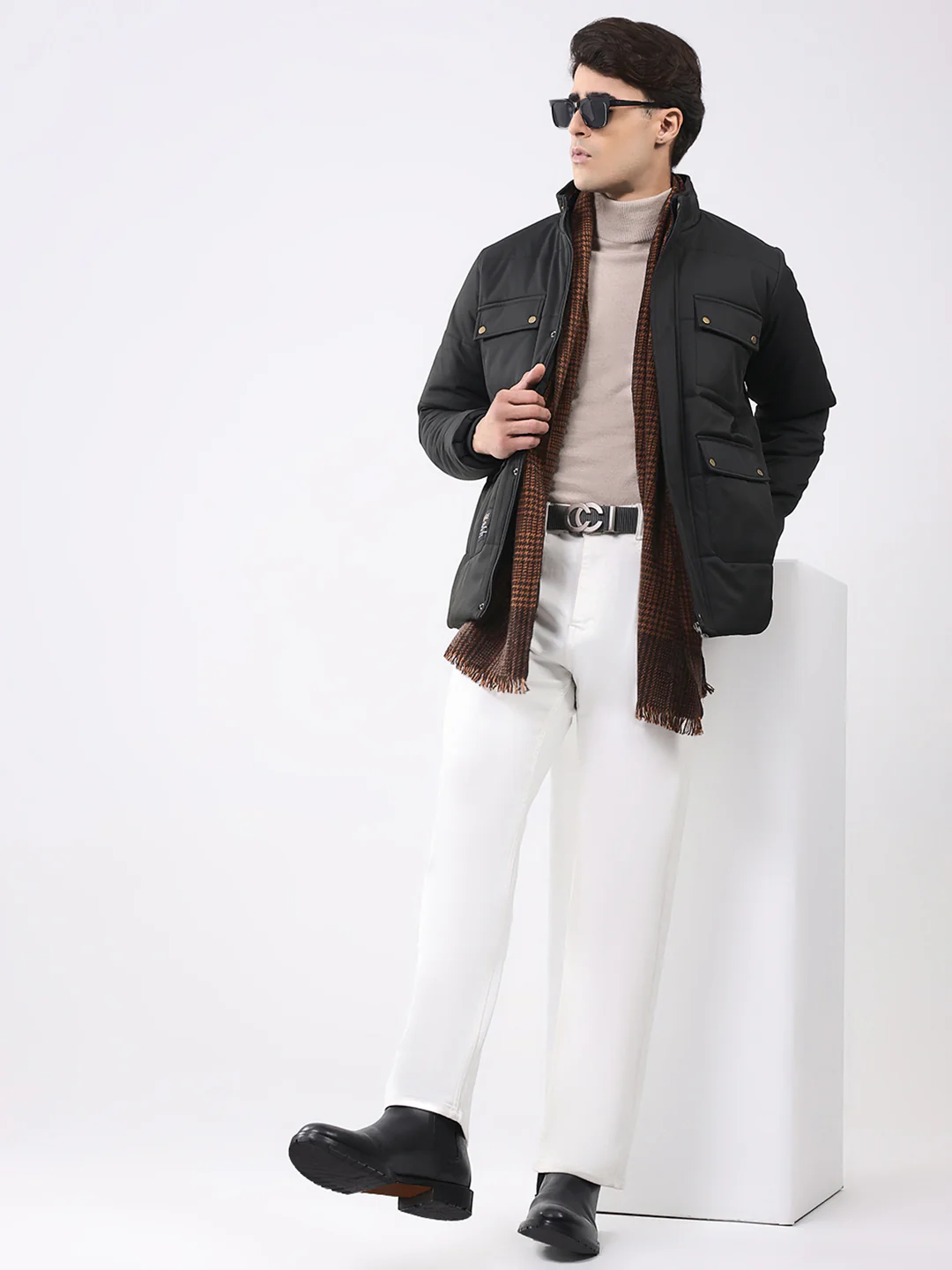 Men Black Solid Mock Neck Full Sleeve Jacket - Image 2