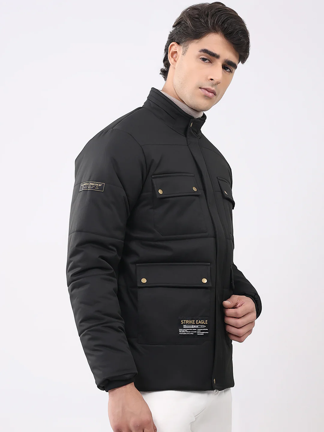 Men Black Solid Mock Neck Full Sleeve Jacket - Image 4
