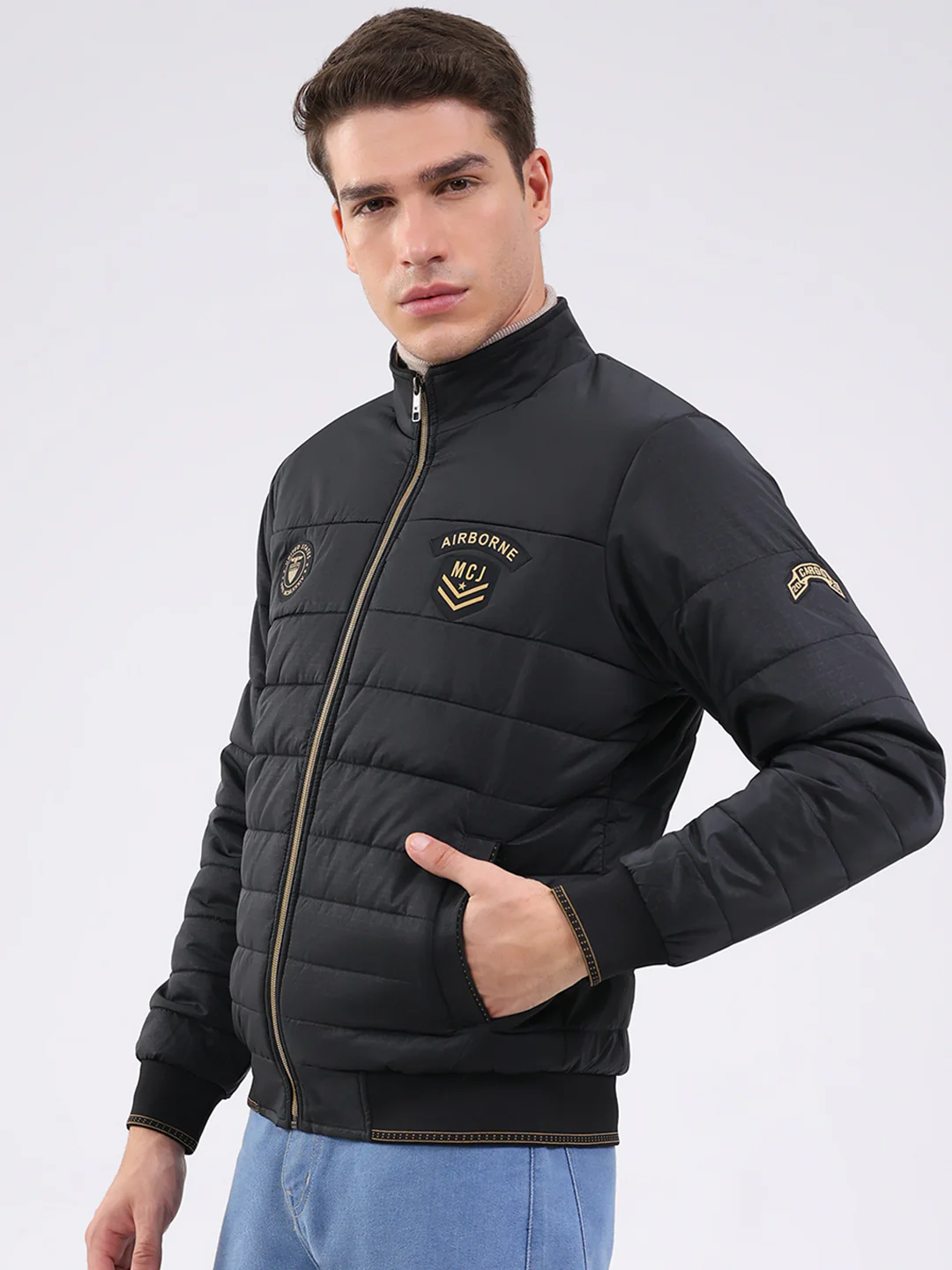Men Black Solid Mock Neck Full Sleeve Jacket - Image 3