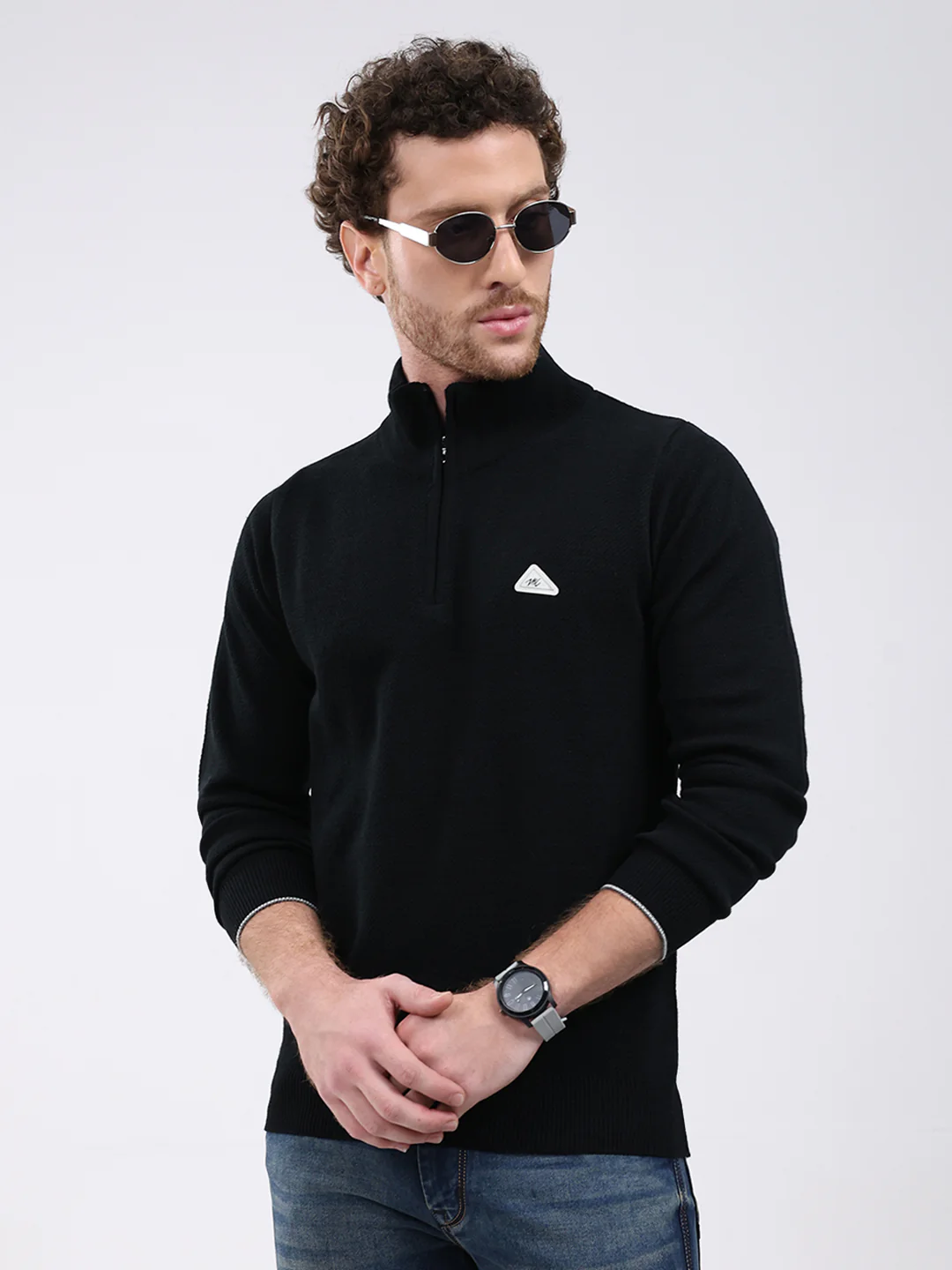Men Black Solid Mock Neck Full Sleeve Pullover - Image 3