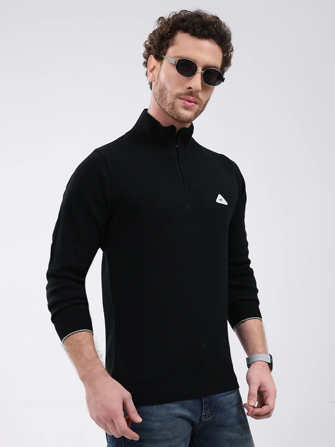 Men Black Solid Mock Neck Full Sleeve Pullover - Image 4