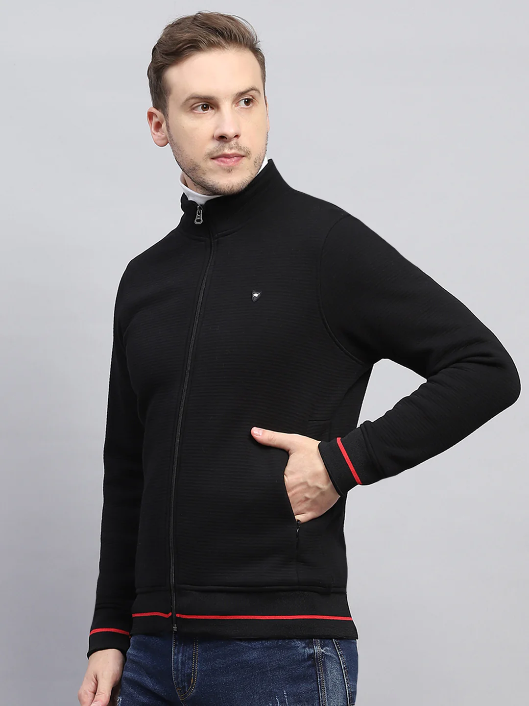 Men Black Solid Mock Neck Full Sleeve Sweatshirt - Image 3