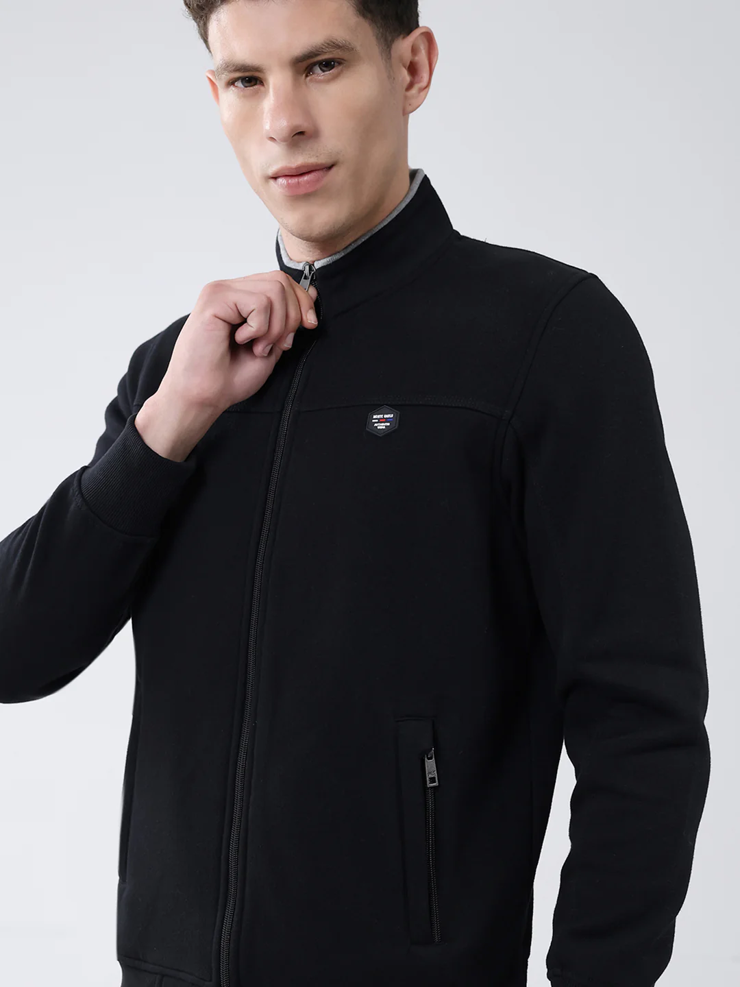 Men Black Solid Mock Neck Full Sleeve Sweatshirt - Image 6
