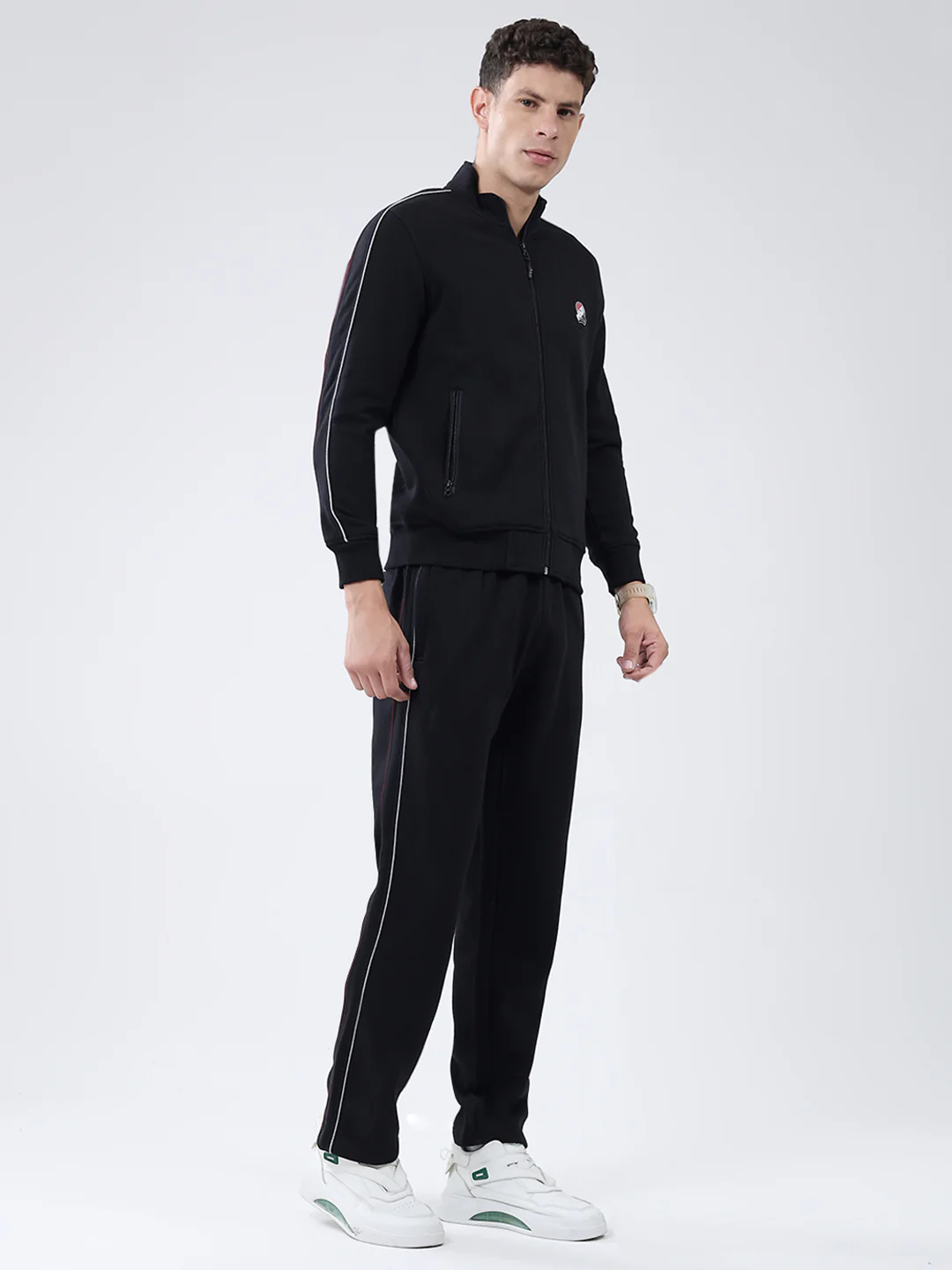 Men Black Solid Mock Neck Full Sleeve Winter Tracksuit - Image 4