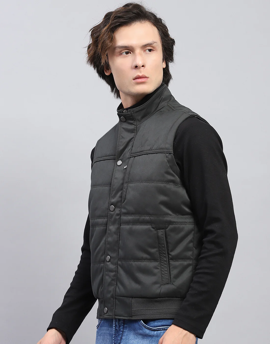 Men Black Solid Mock Neck Sleeveless Jacket - Image 3