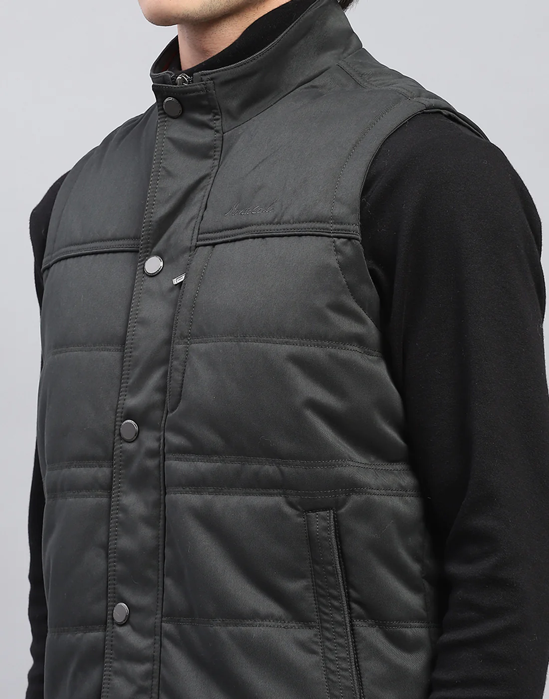 Men Black Solid Mock Neck Sleeveless Jacket - Image 6
