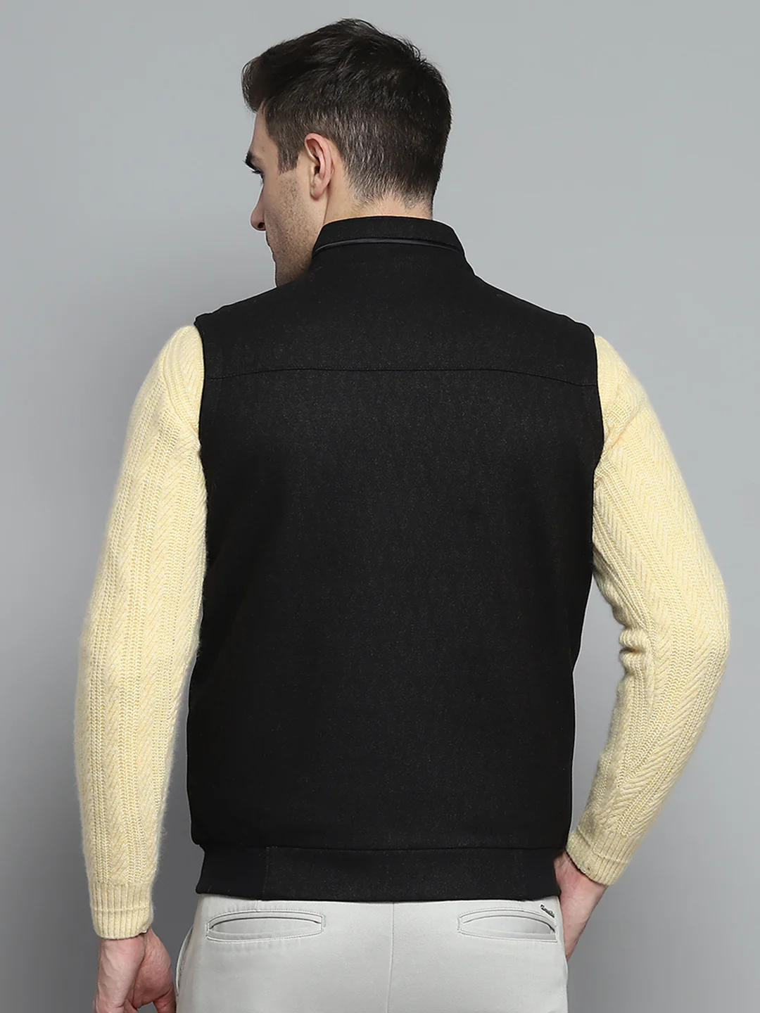 Men Black Solid Mock Neck Sleeveless Jacket - Image 5