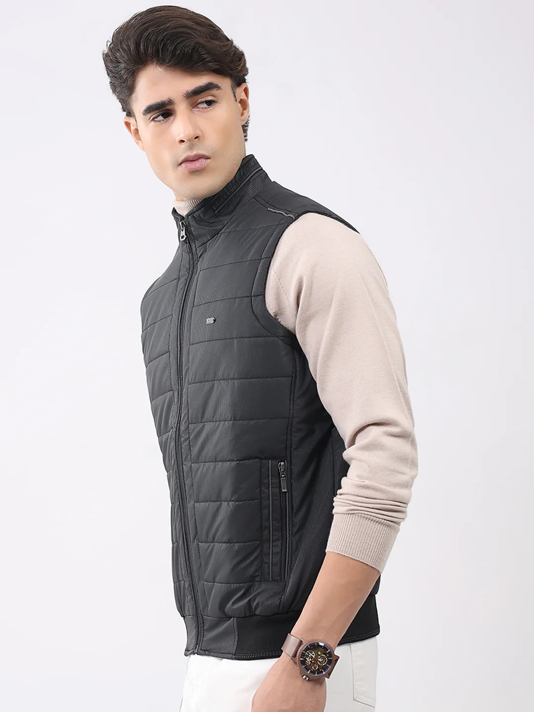 Men Black Solid Mock Neck Sleeveless Jacket - Image 3