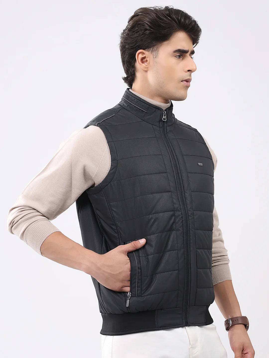 Men Black Solid Mock Neck Sleeveless Jacket - Image 4