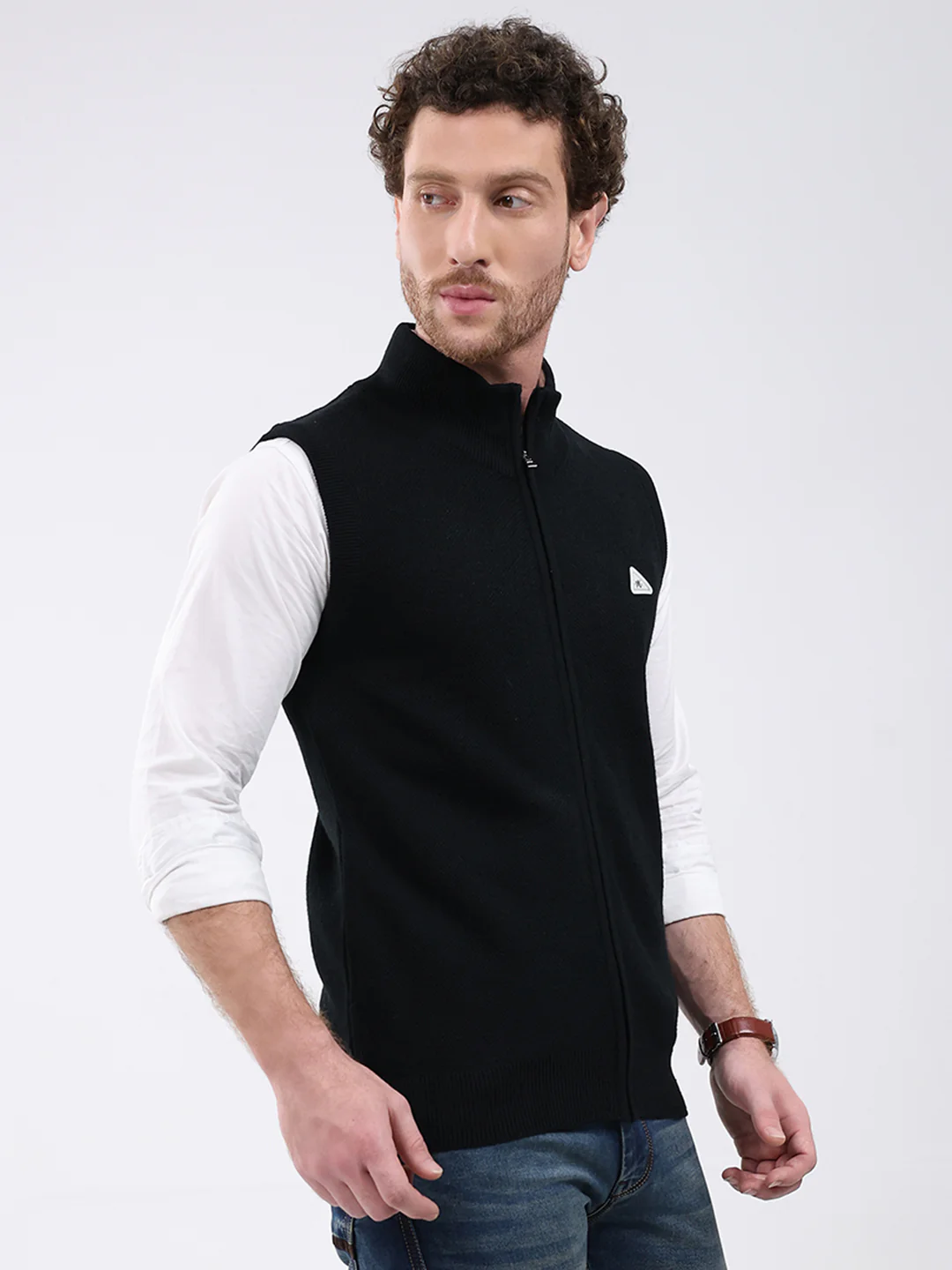 Men Black Solid Mock Neck Sleeveless Sweater - Image 4