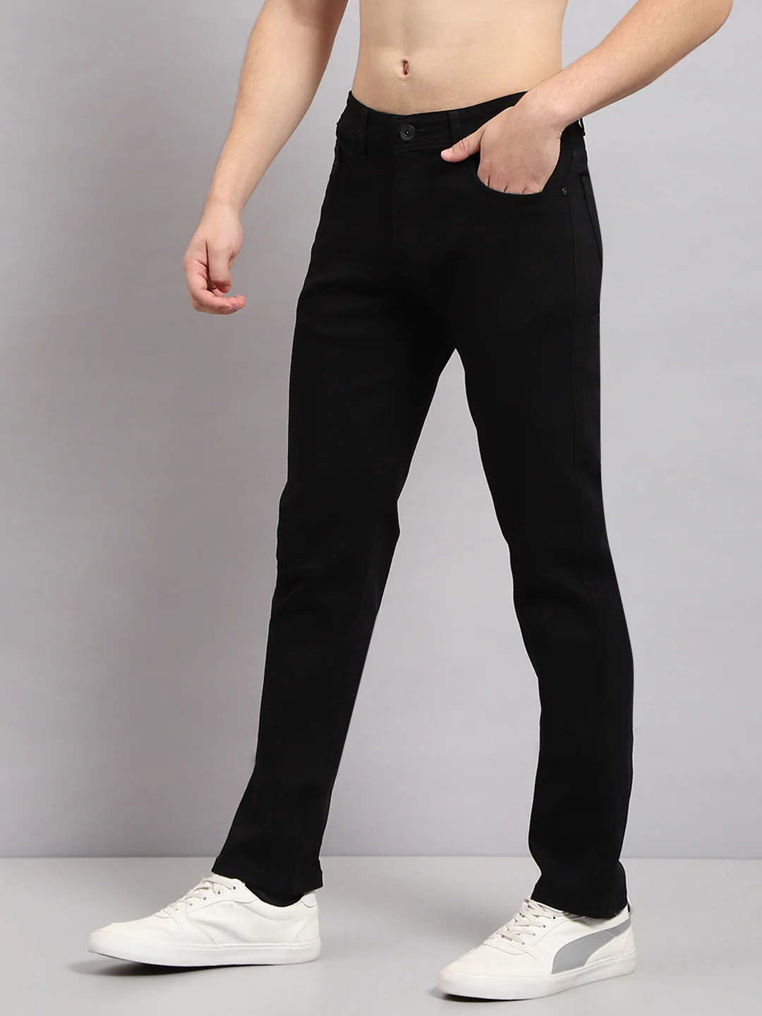 Men Black Solid Narrow Fit Denim - Image 3