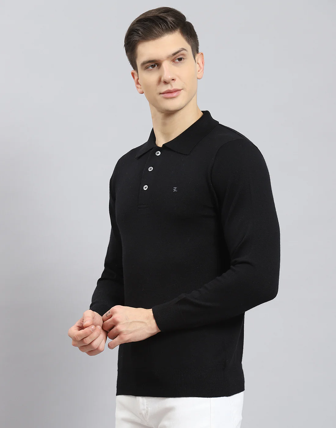 Men Black Solid Polo Collar Full Sleeve T-Shirt - Image 4