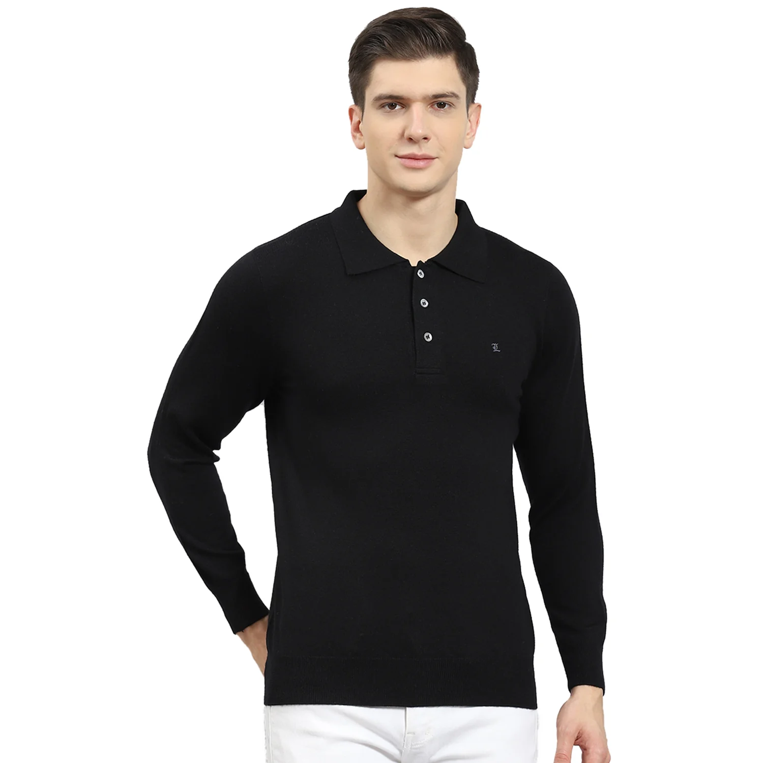 Men Black Solid Polo Collar Full Sleeve T-Shirt - Image 5