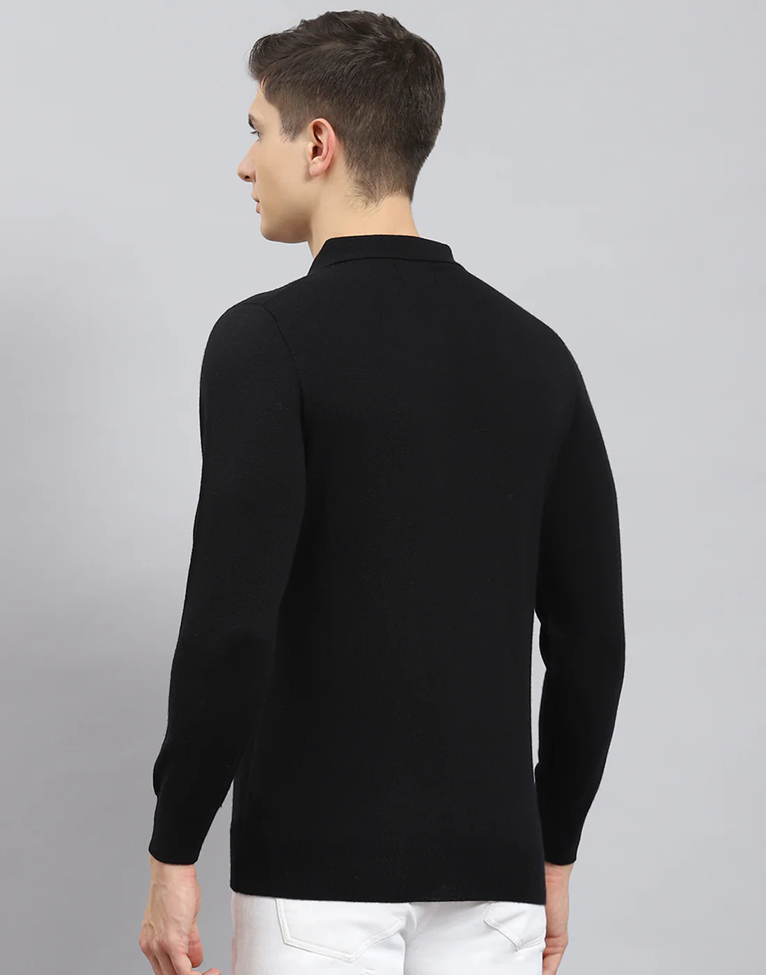 Men Black Solid Polo Collar Full Sleeve T-Shirt - Image 7