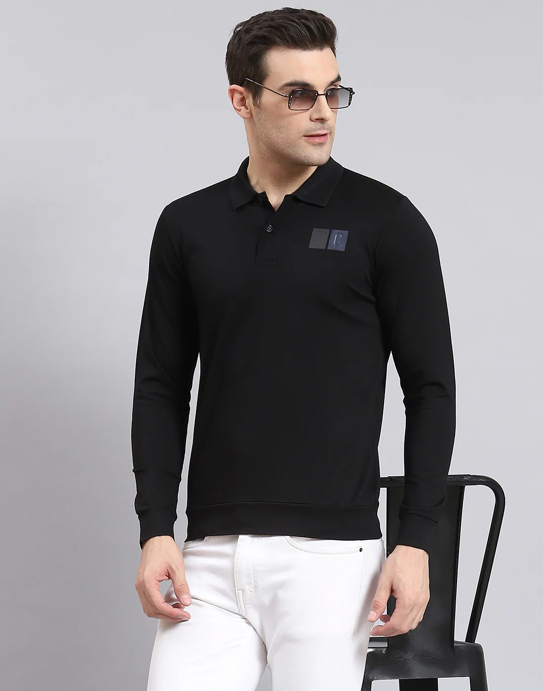 Men Black Solid Polo Collar Full Sleeve T-Shirt - Image 2