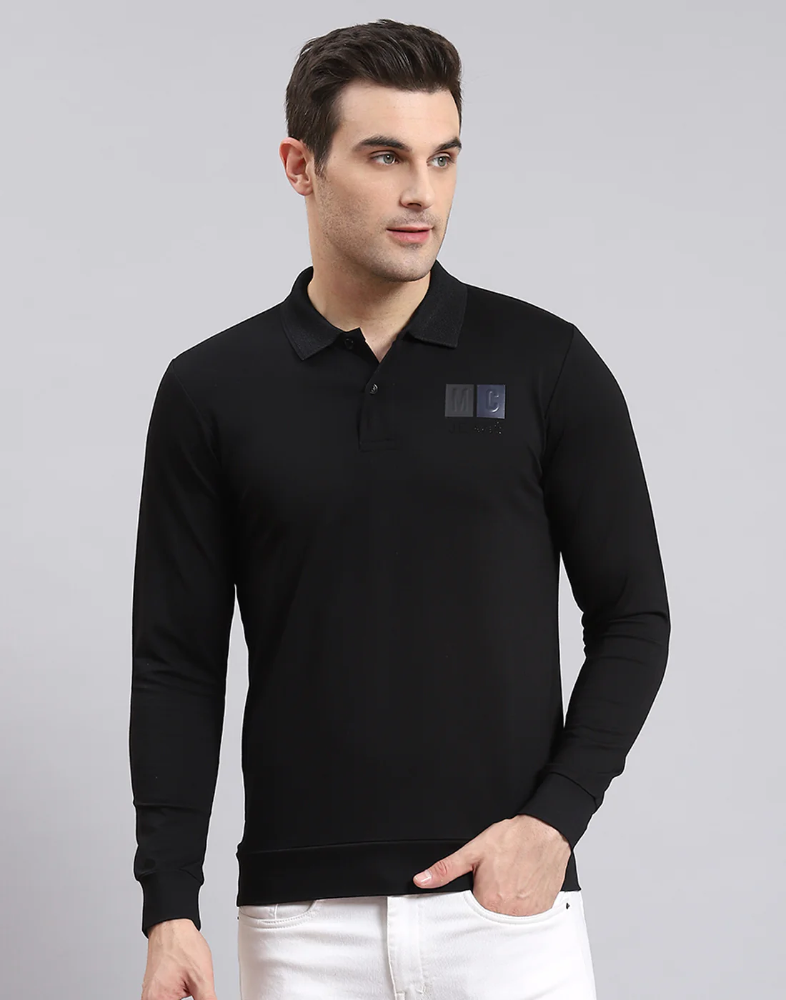 Men Black Solid Polo Collar Full Sleeve T-Shirt - Image 3