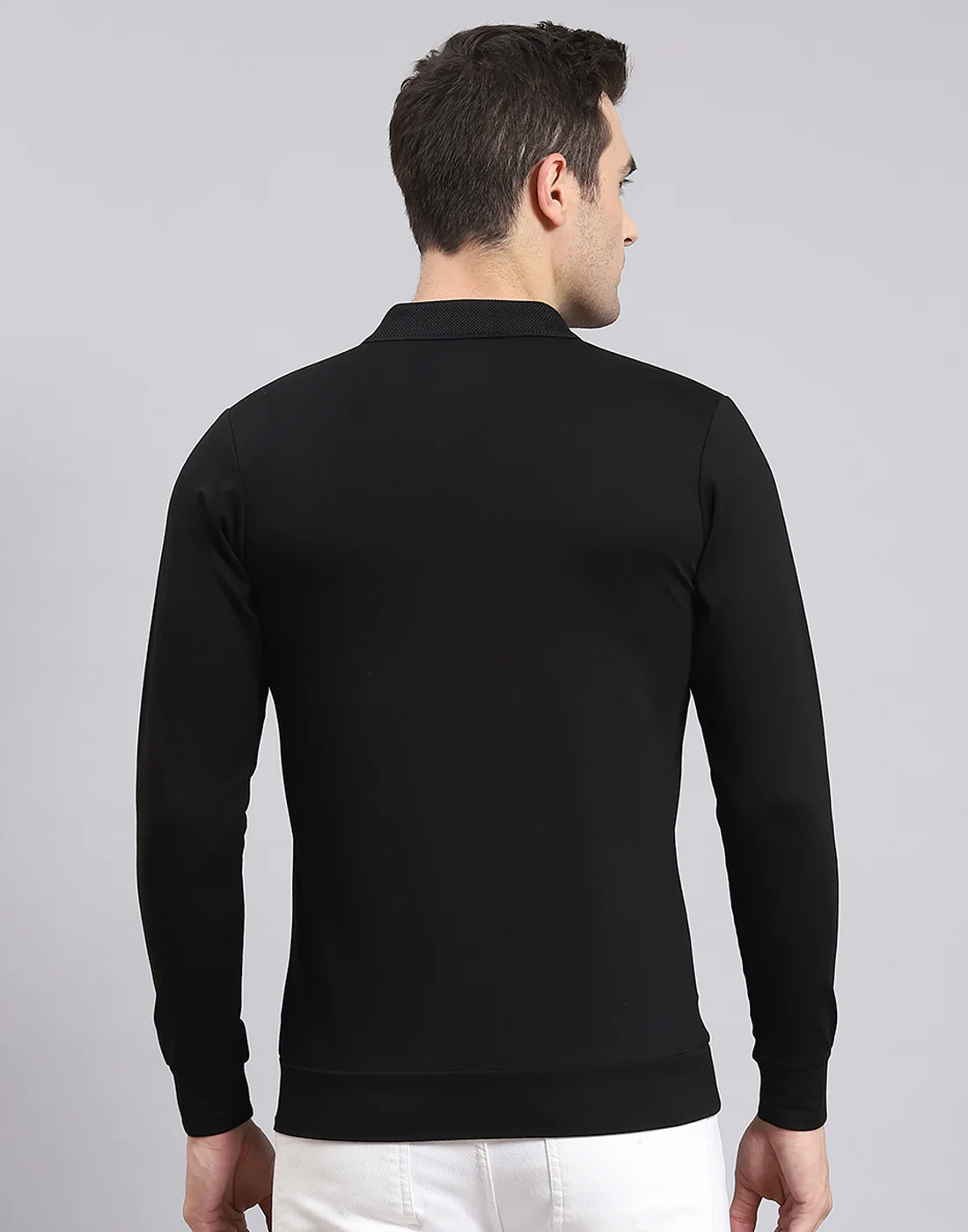 Men Black Solid Polo Collar Full Sleeve T-Shirt - Image 7