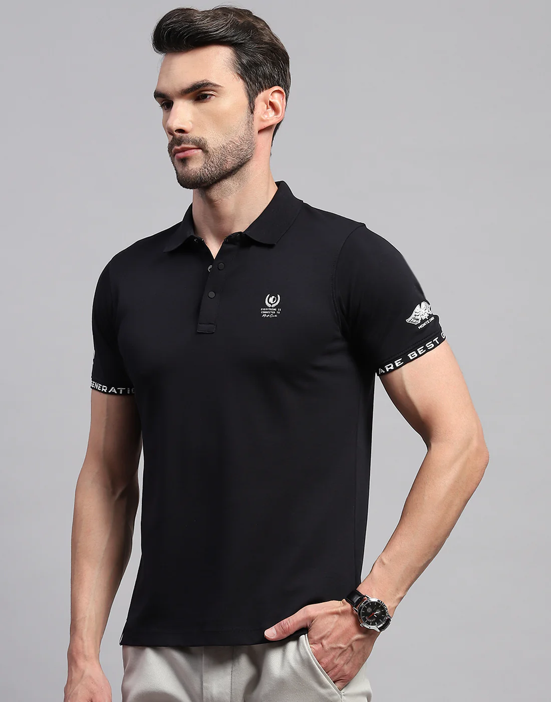 Men Black Solid Polo Collar Half Sleeve T-Shirt - Image 3