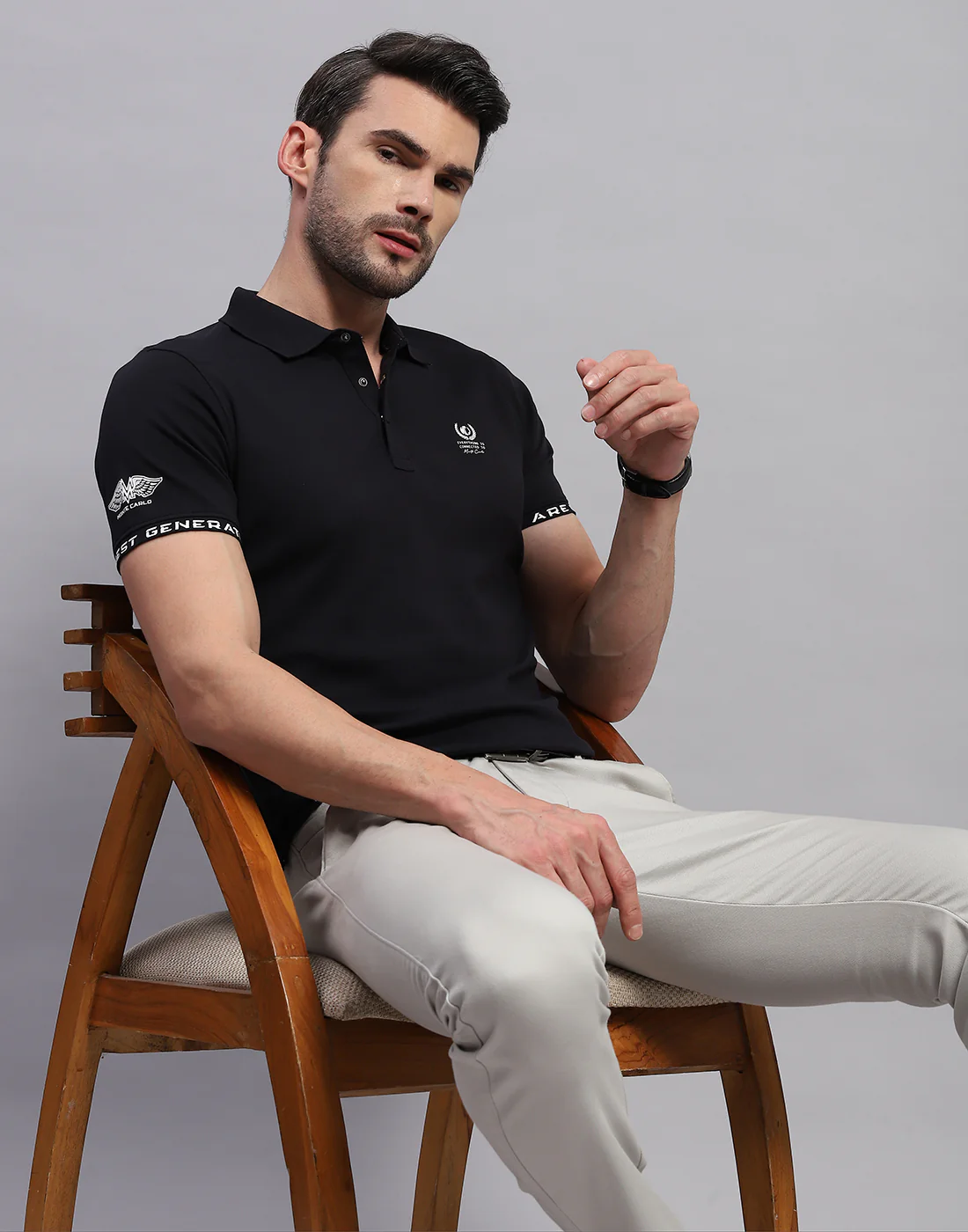 Men Black Solid Polo Collar Half Sleeve T-Shirt - Image 6