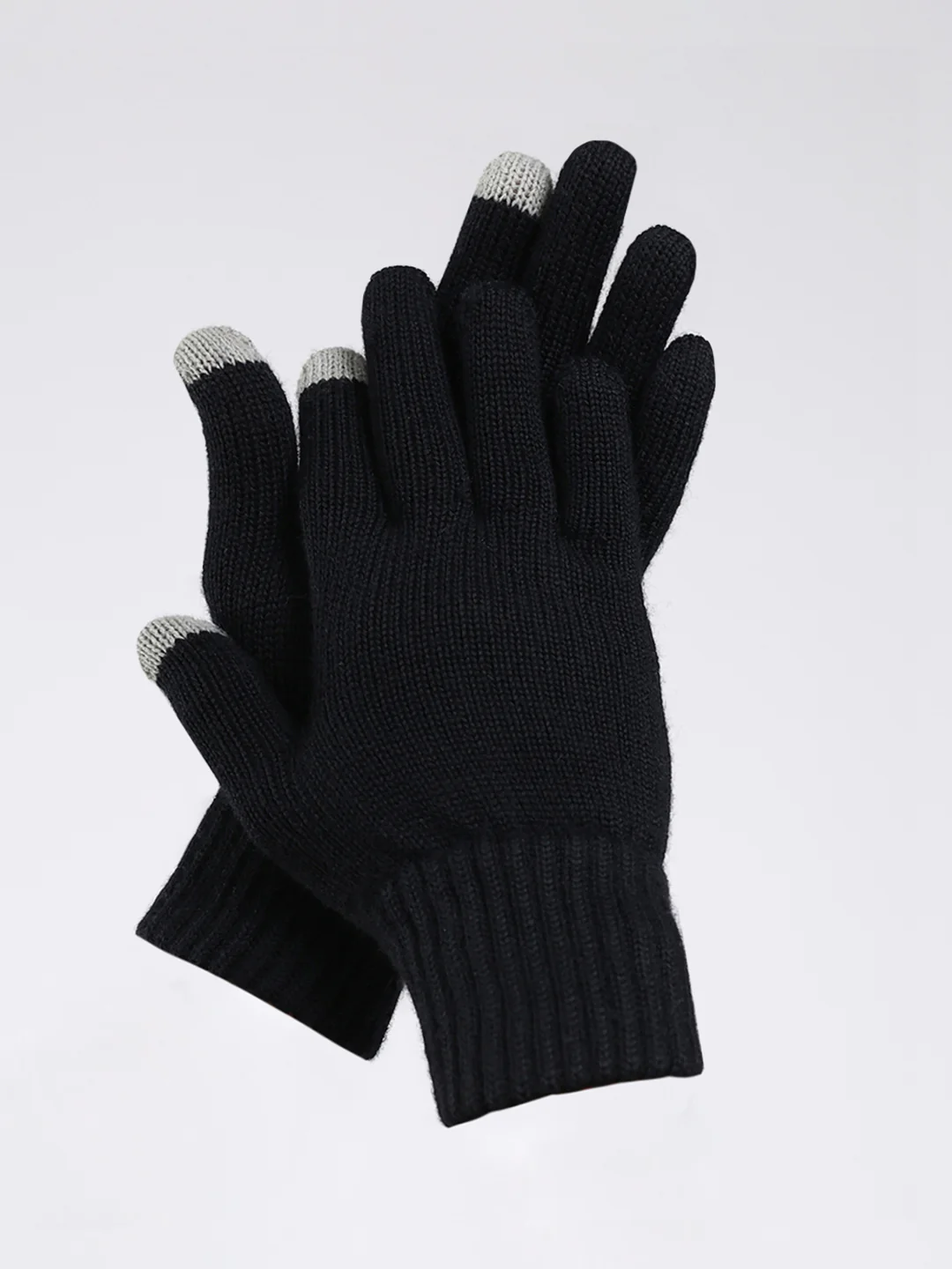 Men Black Solid Pure Wool Gloves - Image 2