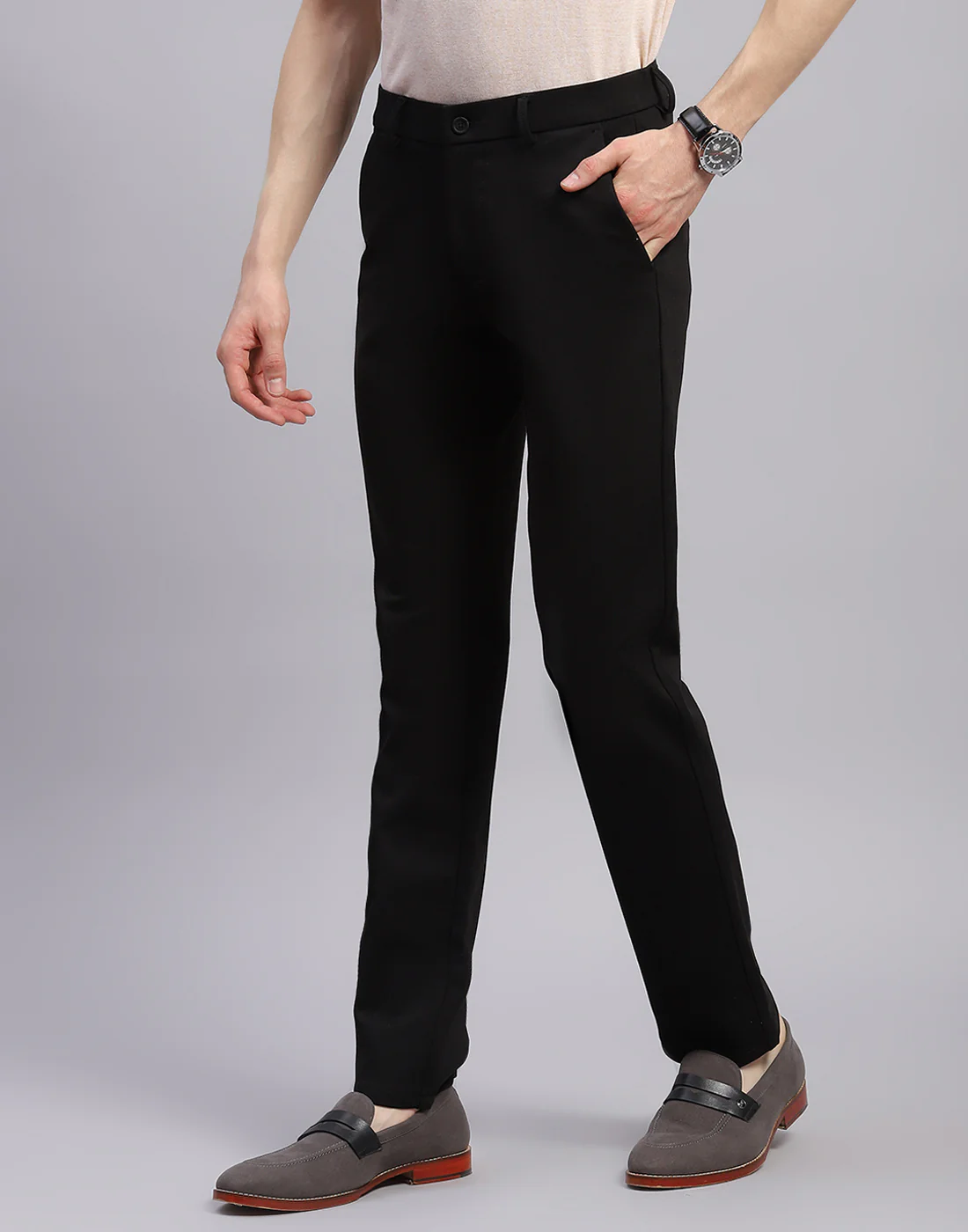 Men Black Solid Regular Fit Trouser - Image 3