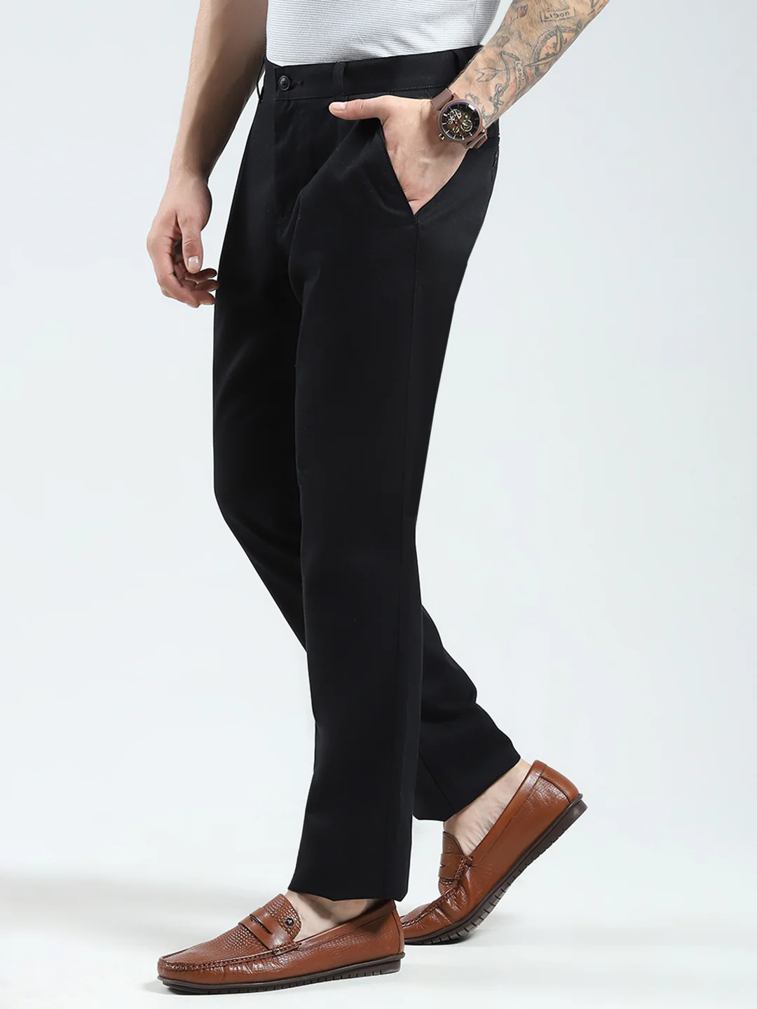 Men Black Solid Regular Fit Trouser - Image 3