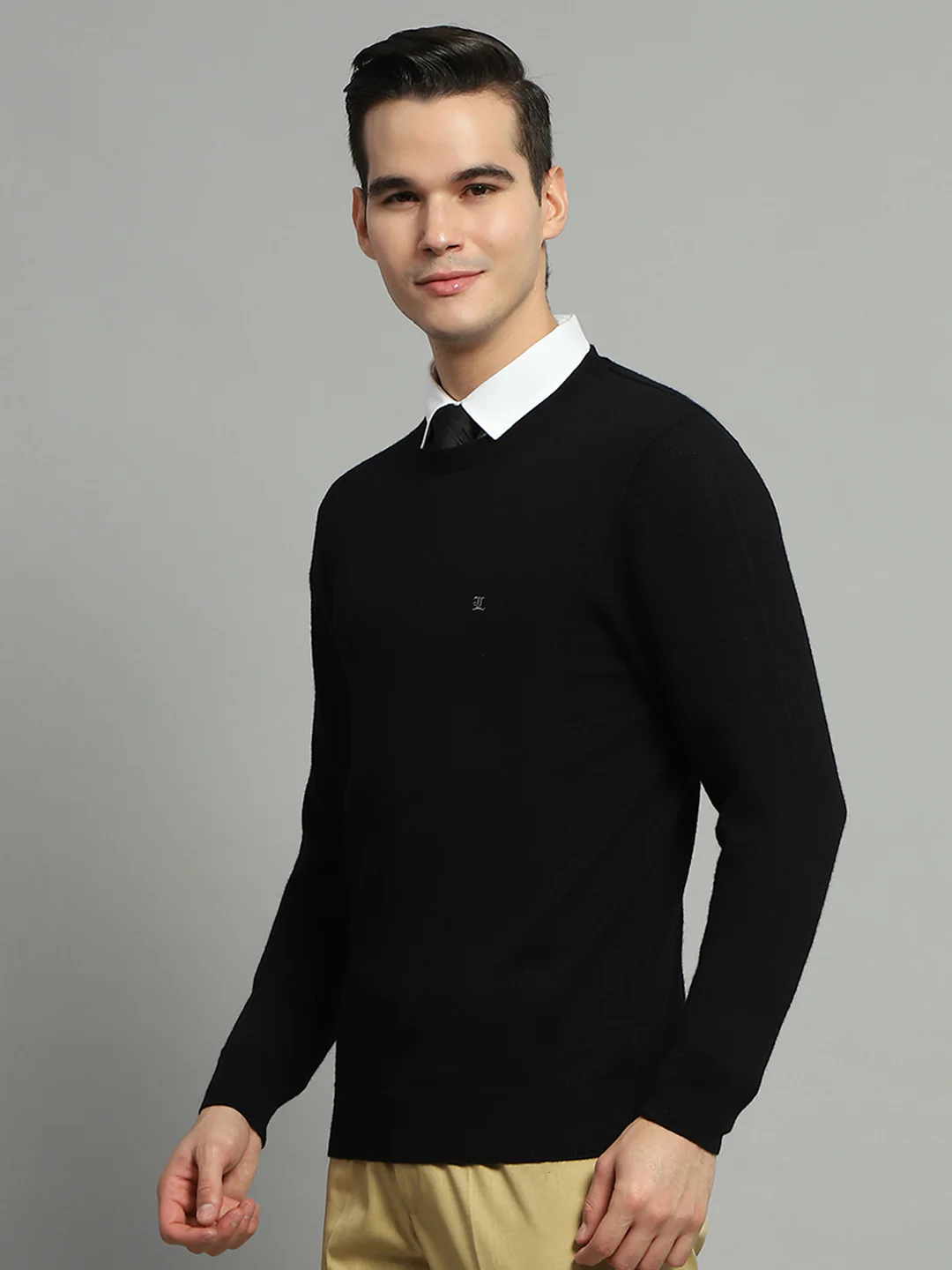 Luxuria Men Black Solid Round Neck Full Sleeve Pullover - Image 3