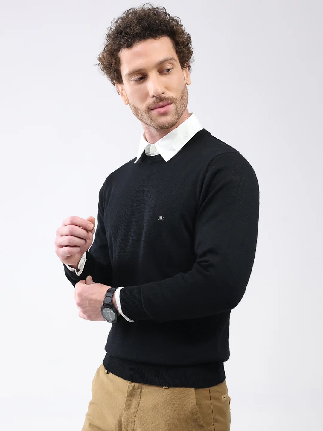 Men Black Solid Round Neck Full Sleeve Pullover - Image 3